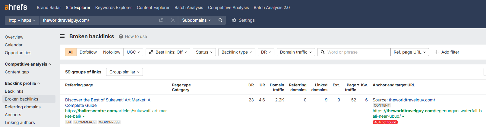 A screenshot displaying broken (404 not found) links of a website.