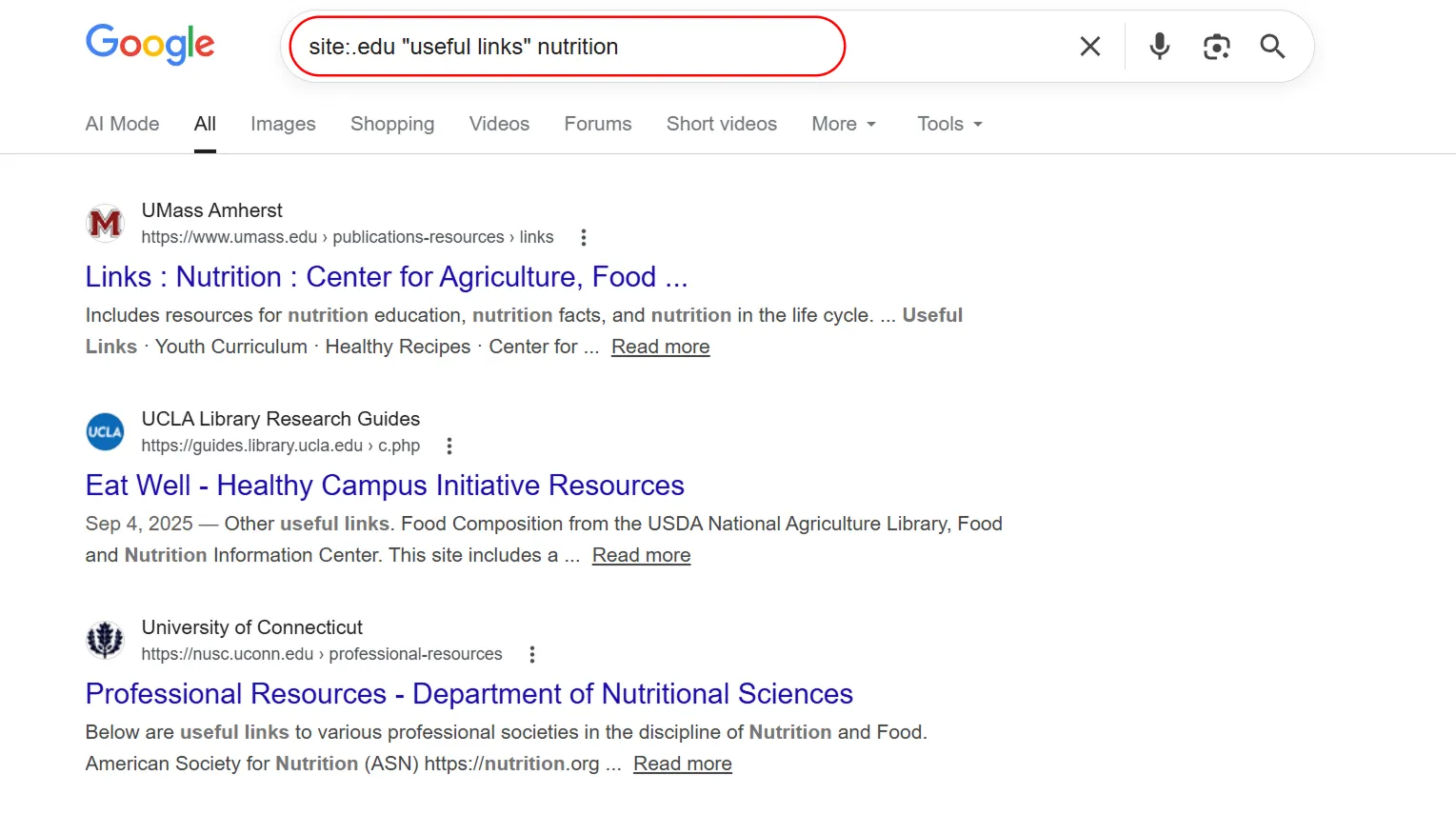 Google search results showing .edu resource pages for nutrition topics