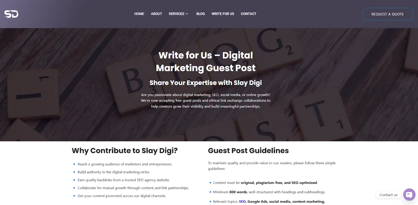 Digital marketing publication guest post submission page with editorial contributor guidelines