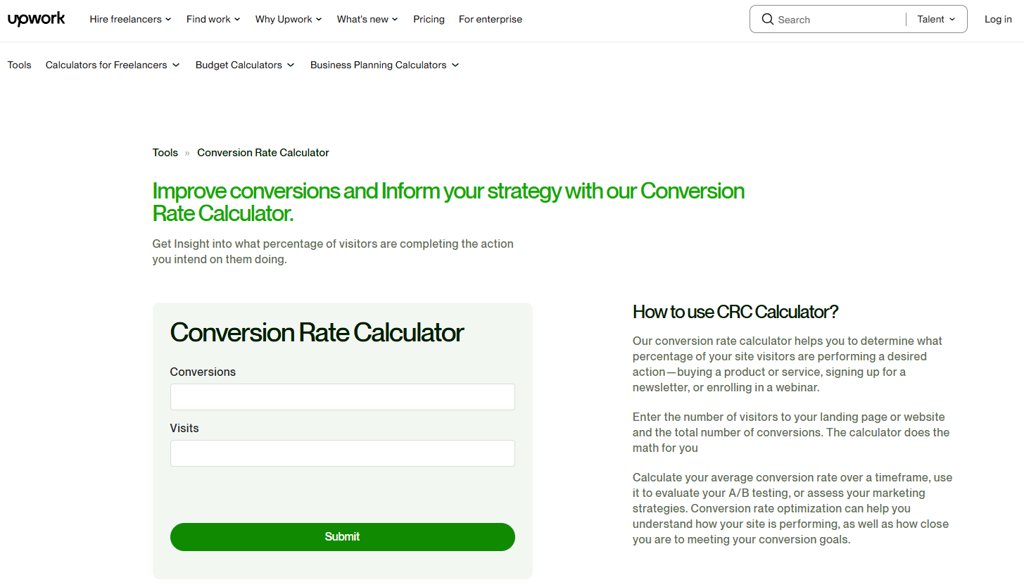 Upwork's free conversion rate calculator example of a high-value linkable asset