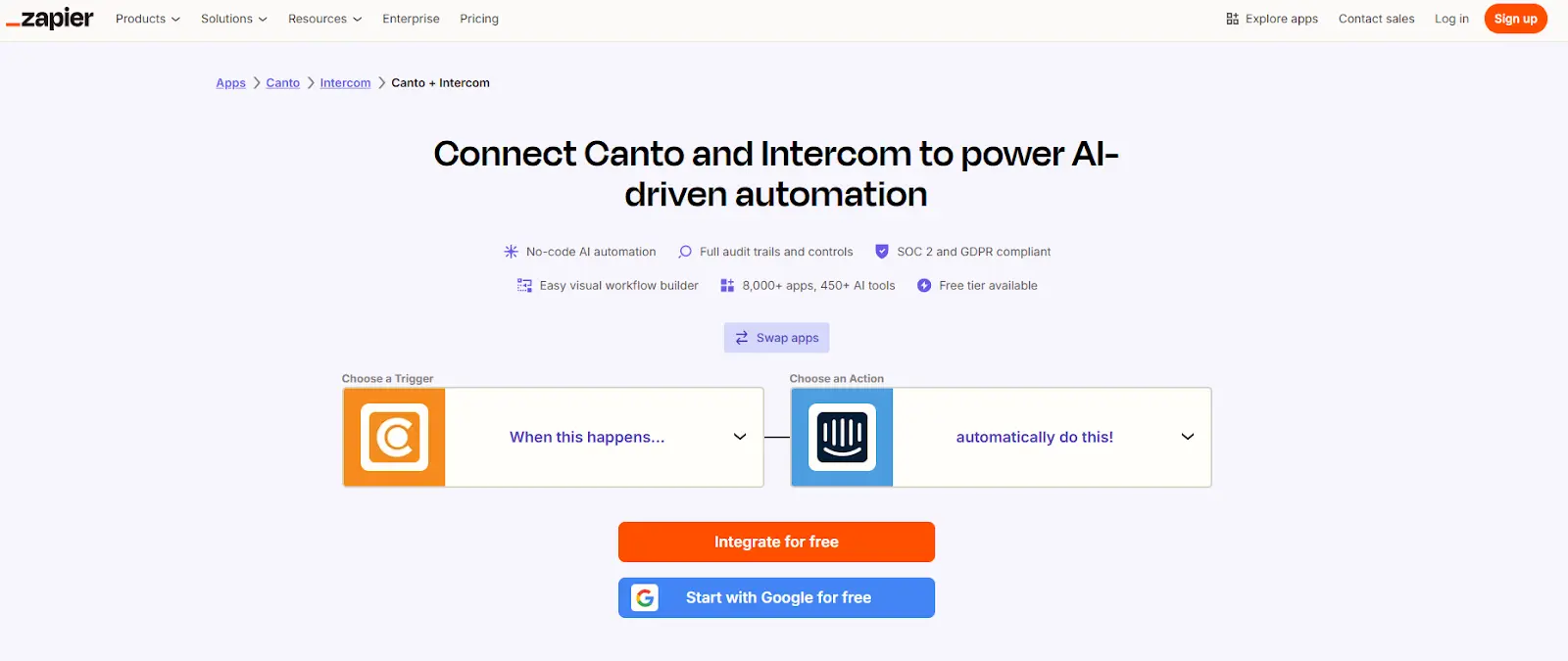Zapier integration page featuring Canto and Intercom showcasing co-branded partnership content
