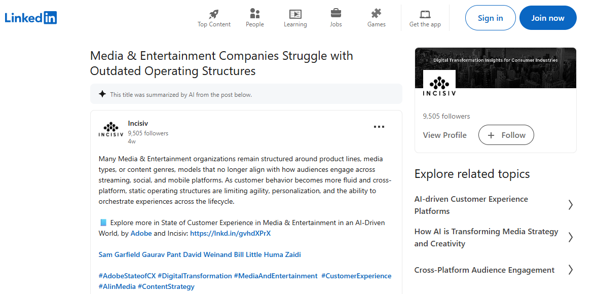 LinkedIn post showing co-branded content from Incisiv in partnership with Adobe