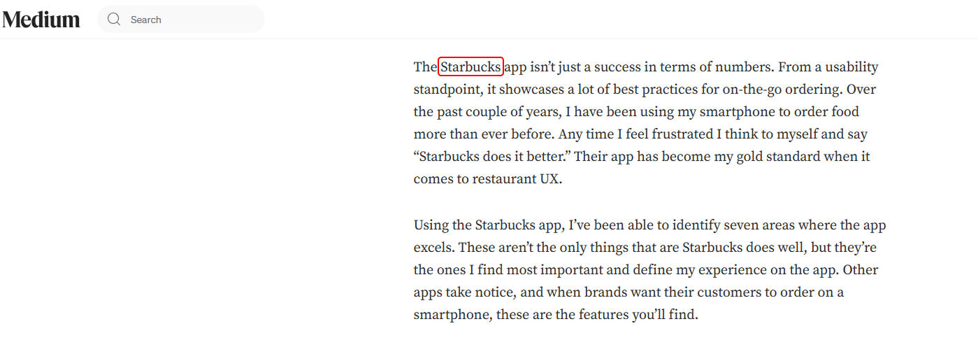 Medium article mentioning Starbucks brand name without linking to the website