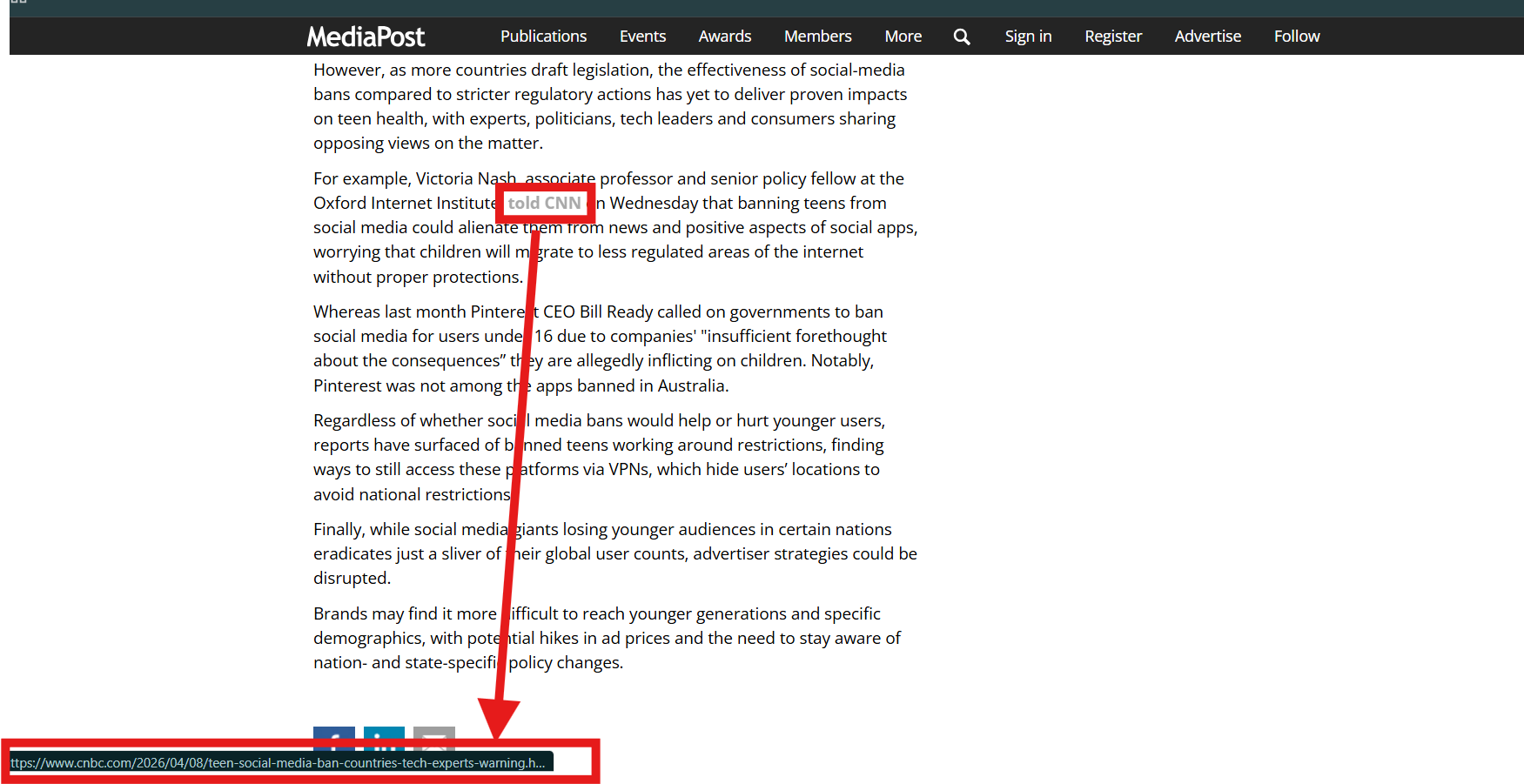example of a brand mention with a backlink inside a MediaPost article