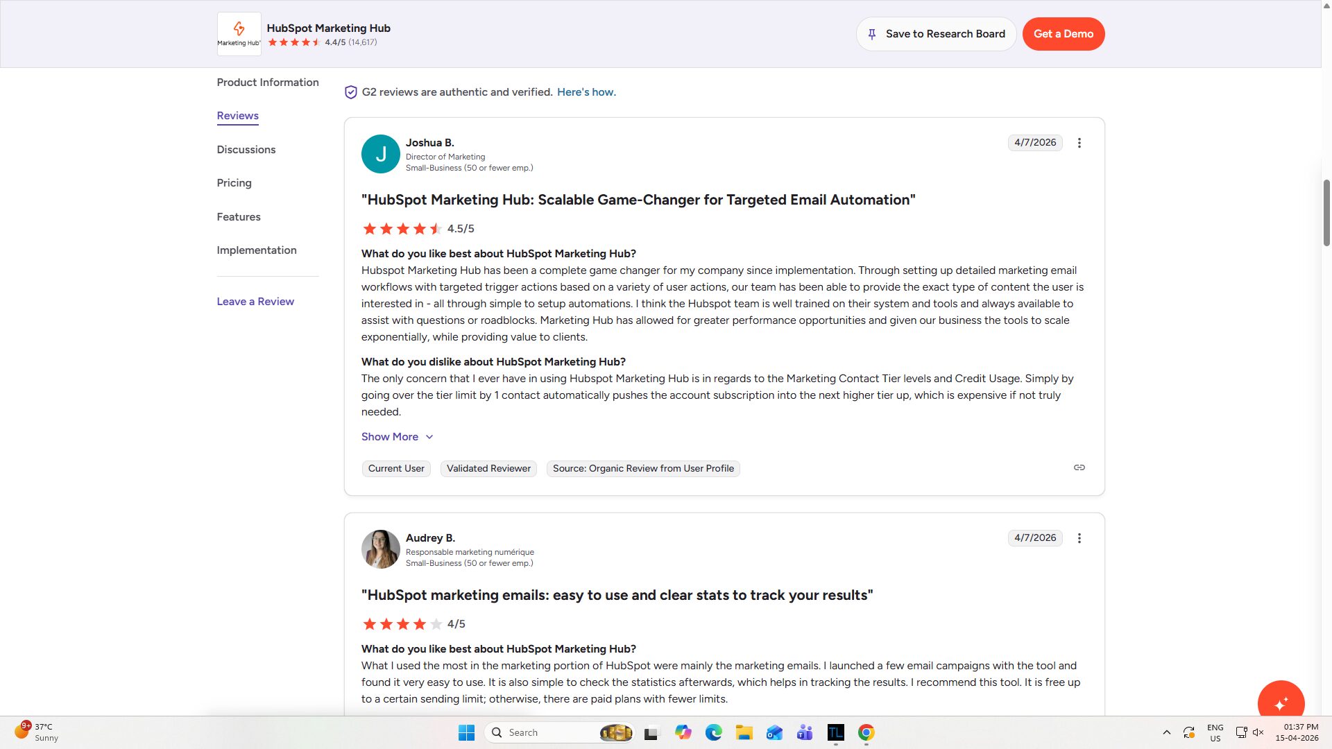 a customer review for HubSpot on the G2 platform