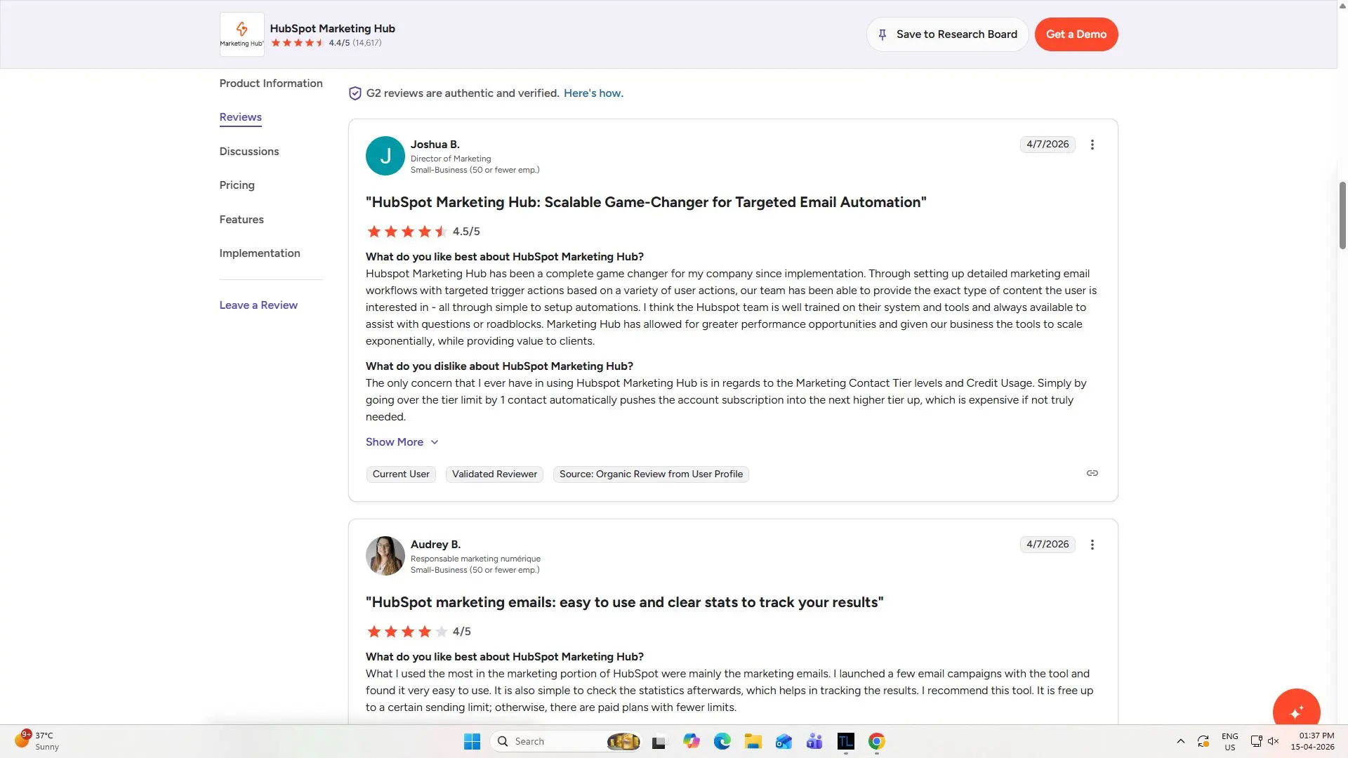 a customer review for HubSpot on the G2 platform