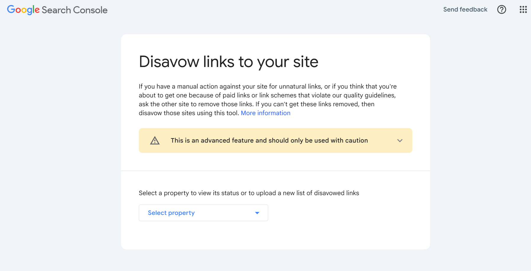 screenshot of the disavow tool page