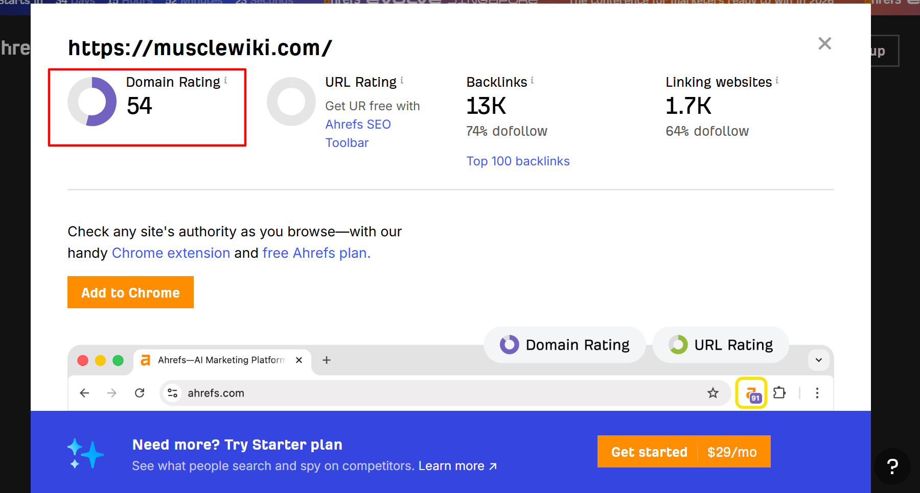 Ahrefs screenshot showing the domain rating score of a referring site for quality assessment