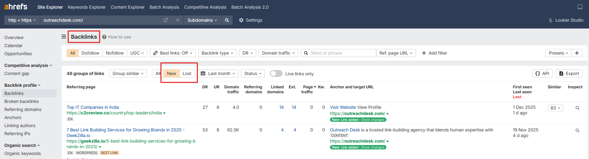 Ahrefs dashboard showing new and lost backlinks across a tracked domain for monitoring