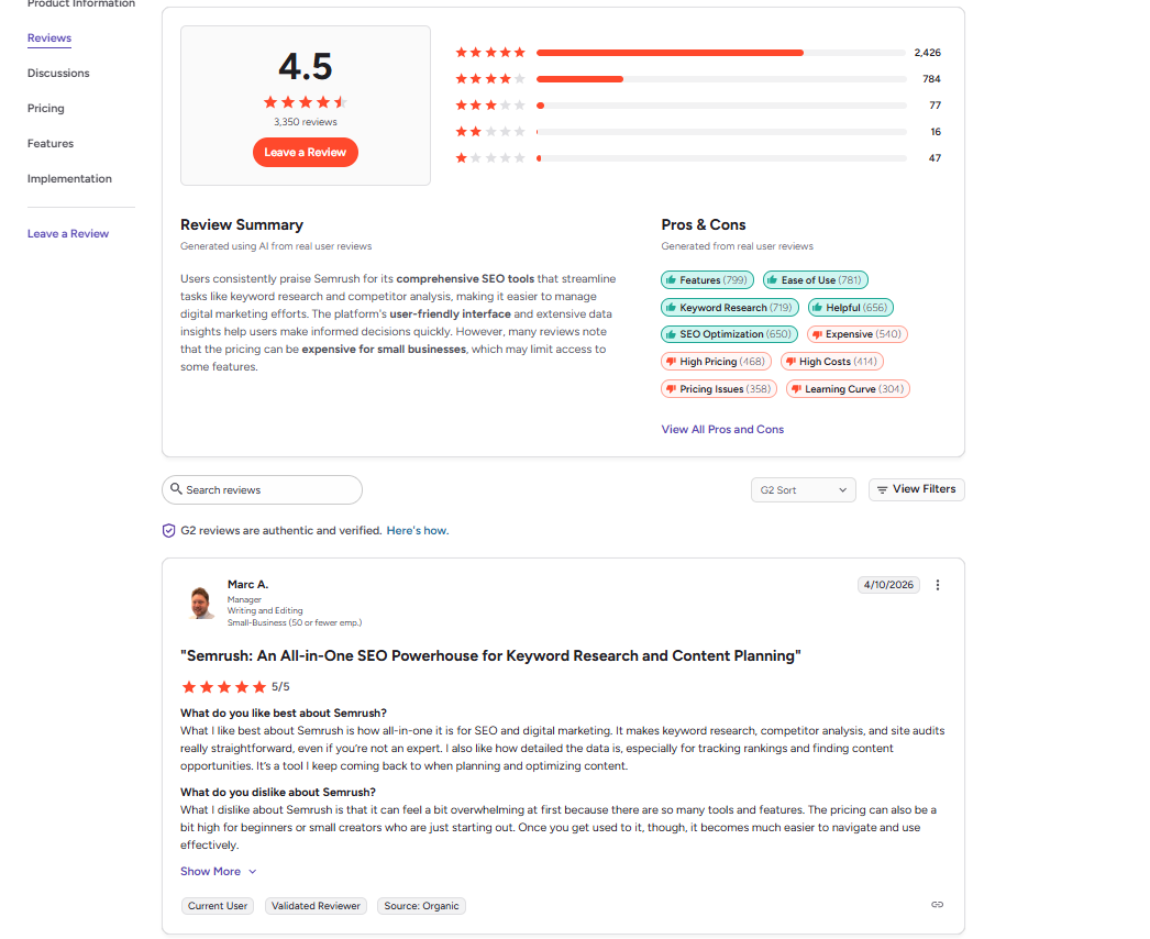 semrush review on g2 platform