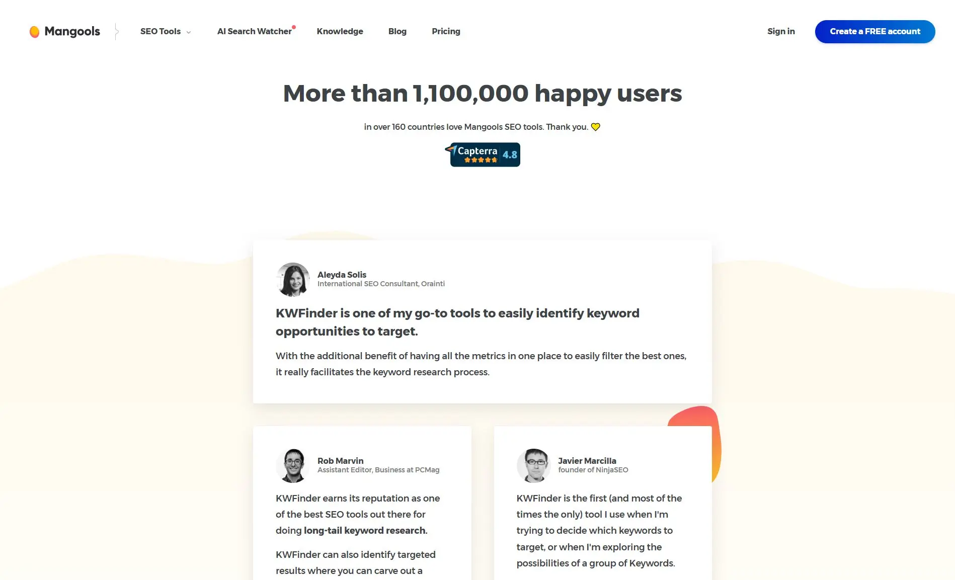 Dedicated customer testimonials page listing reviewer names linked to their own websites