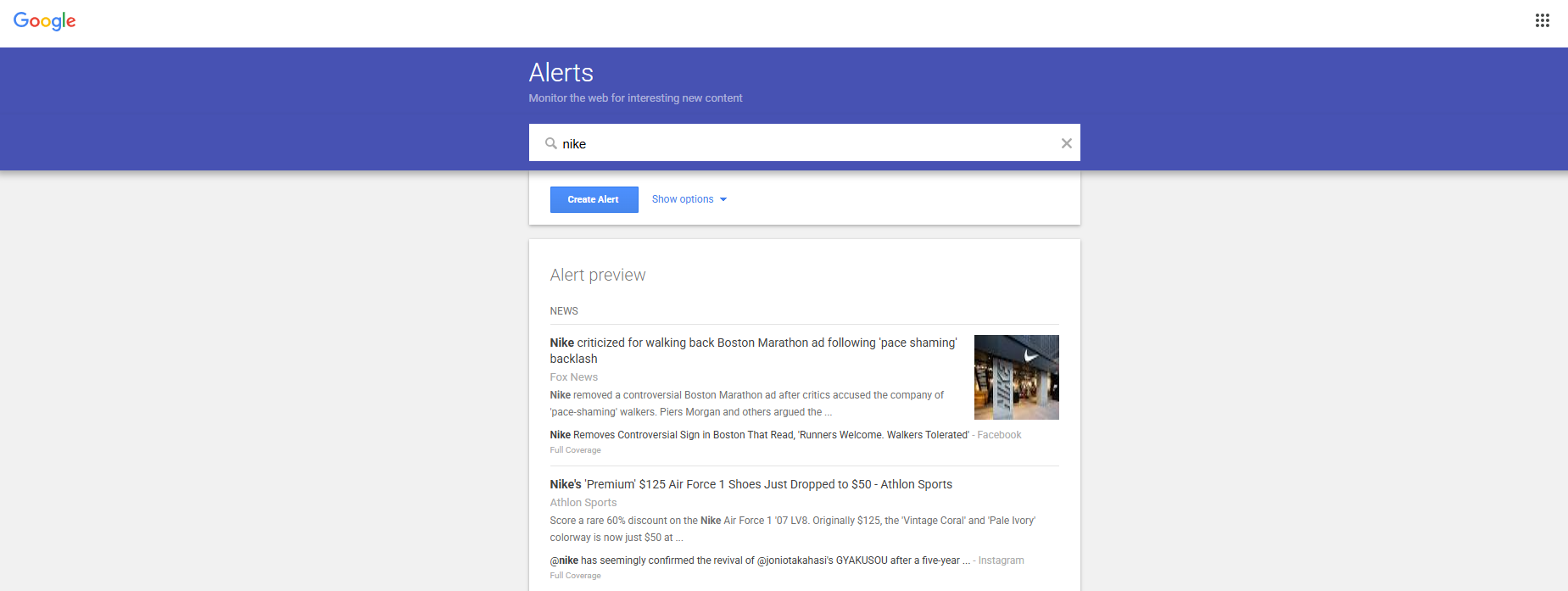 google alert to find nike mentions