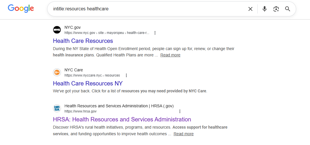 using search operators to find healthcare resource pages