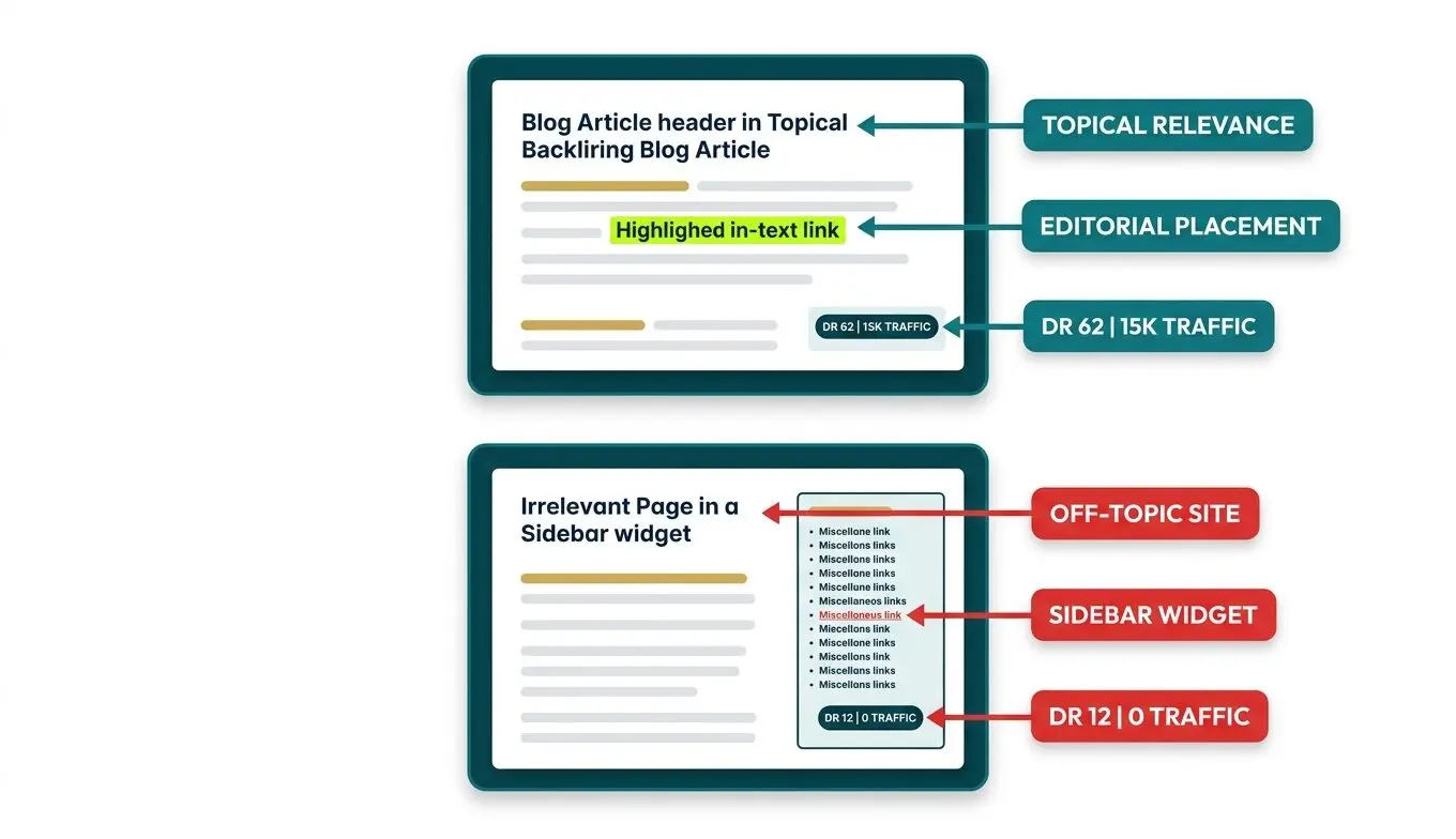 Editorial backlink on a relevant, high-traffic article compared with a sidebar link on an off-topic, zero-traffic page