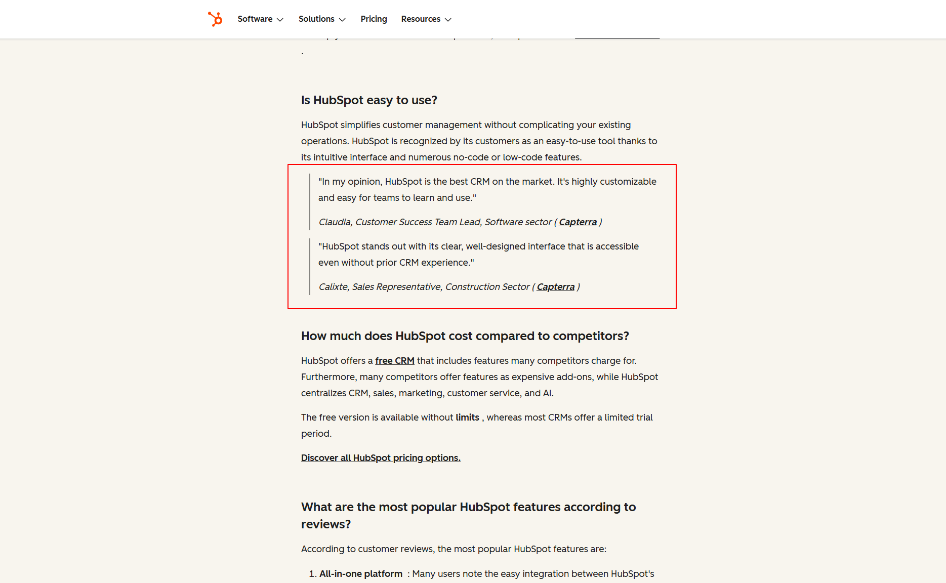 testimonial link on a product and feature page