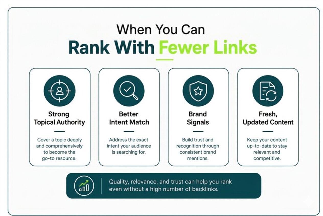 Infographic showing conditions where a page can rank with fewer backlinks