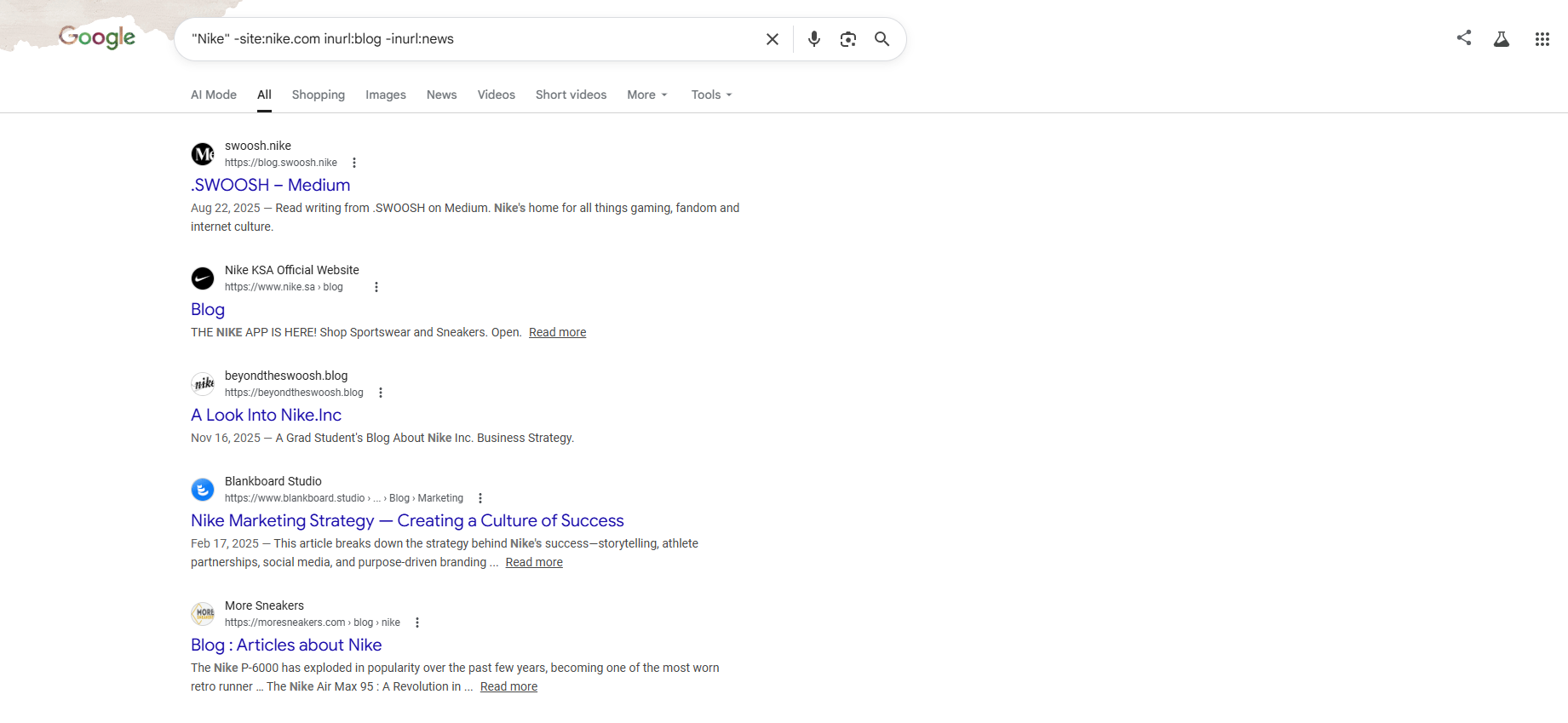 find nike mentions in blogs using search operator