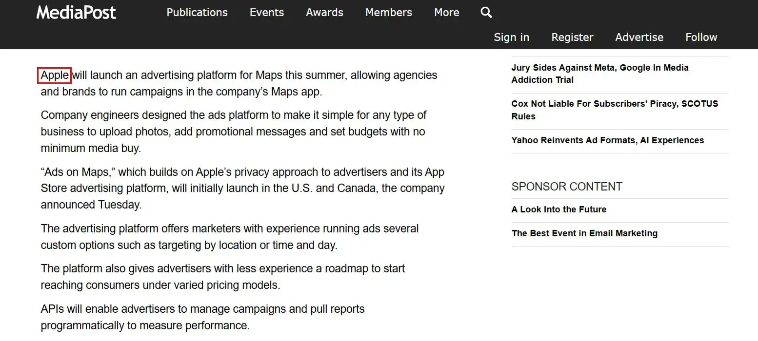 Screenshot of an article mentioning Apple without a backlink to their website