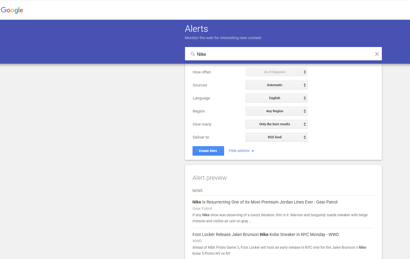 google alerts set for nike brand
