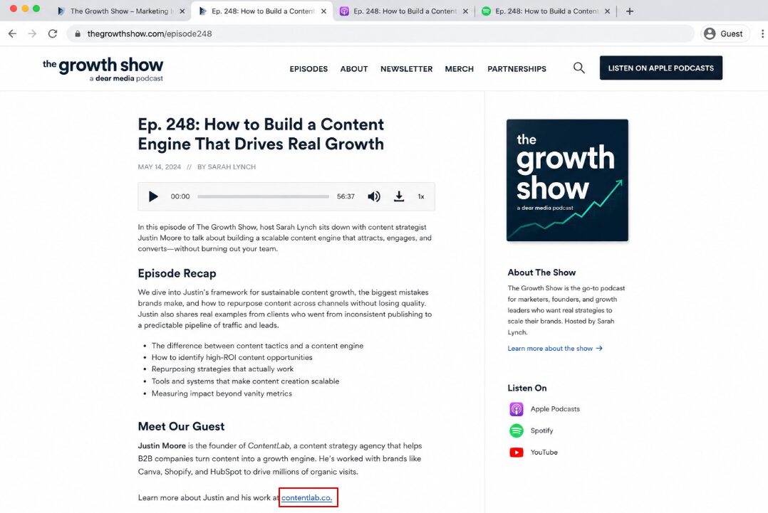 a podcast show notes with link embedded
