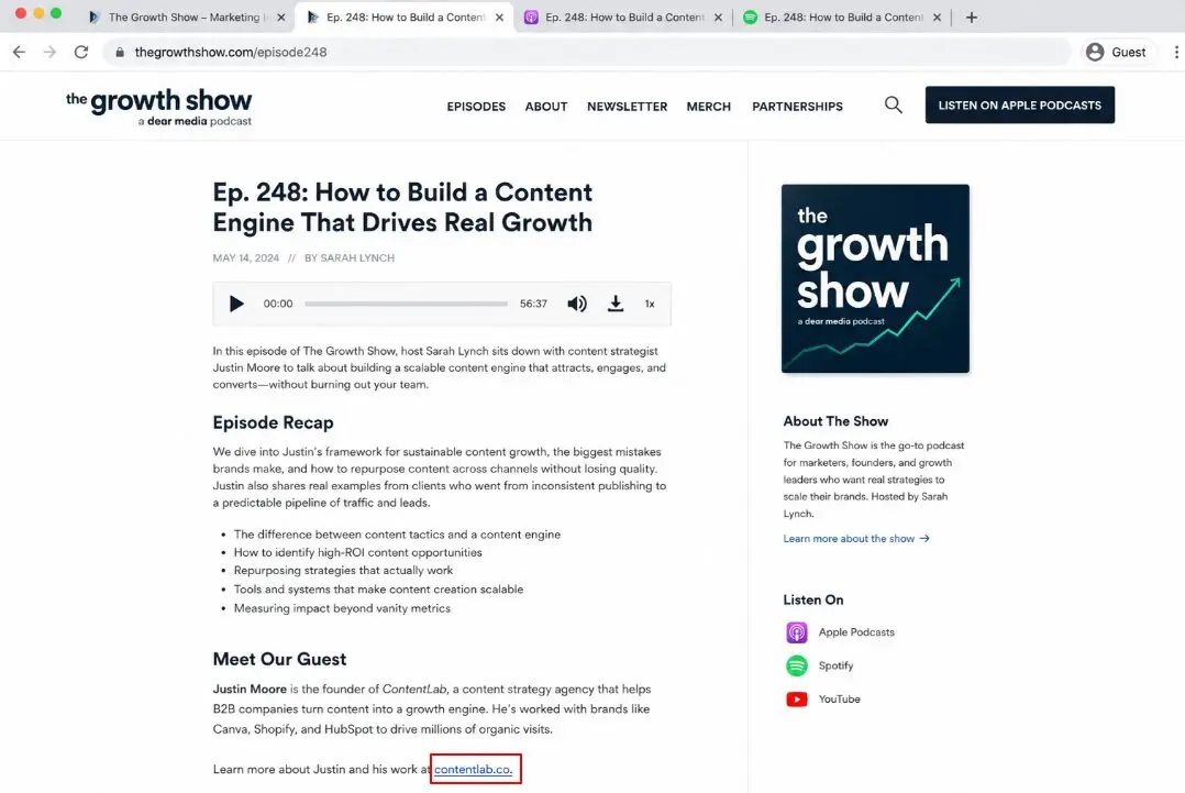 a podcast show notes with link embedded