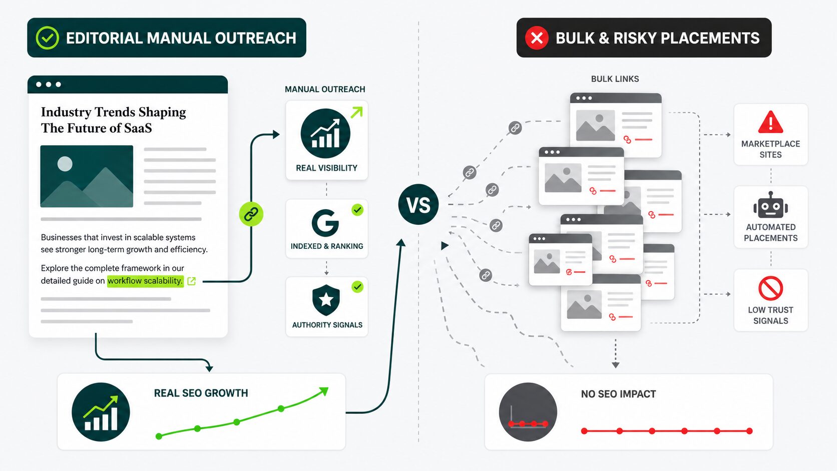 image displaying editorial manual outreach vs bulky and risky placements