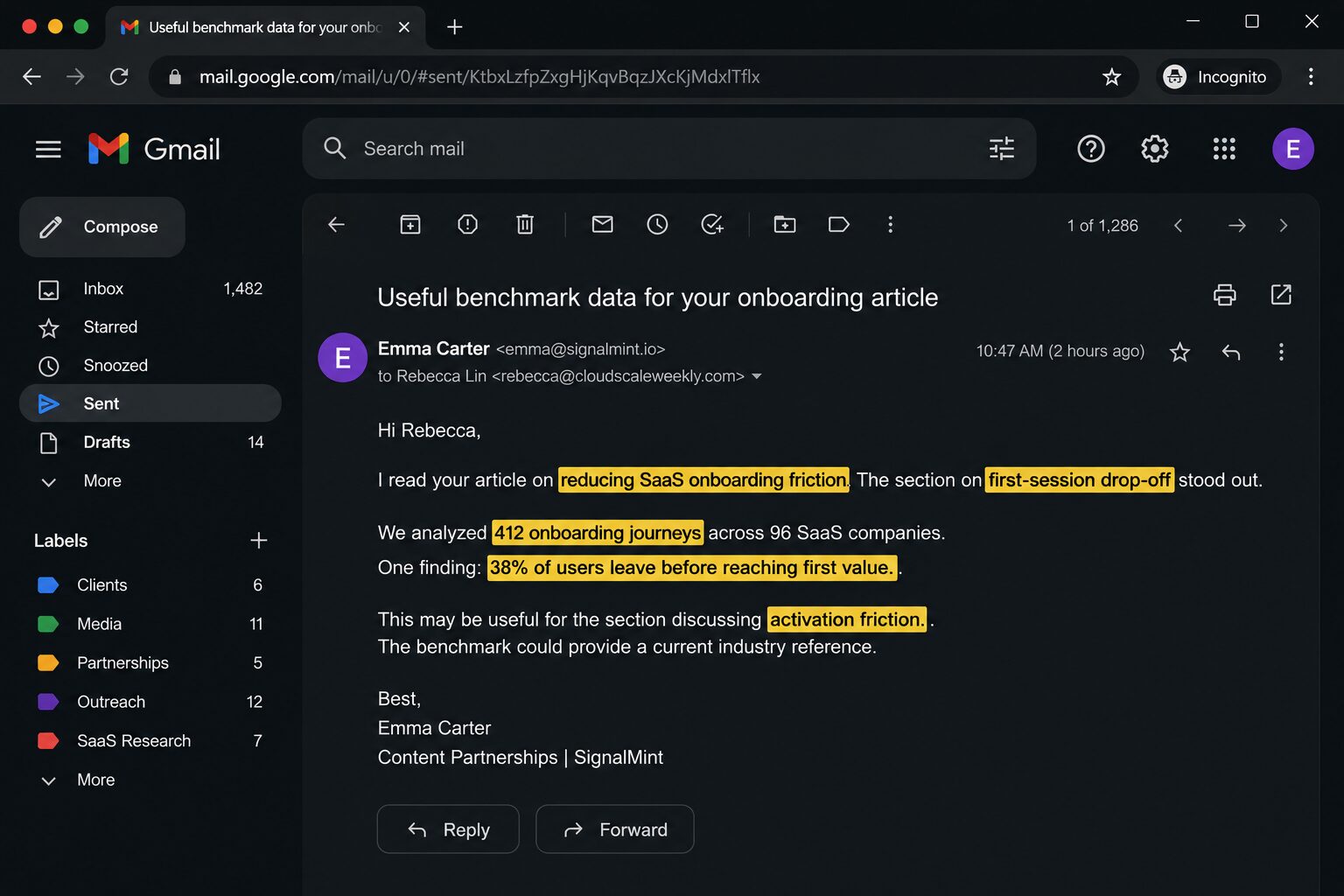 image showing an outreach email that converts