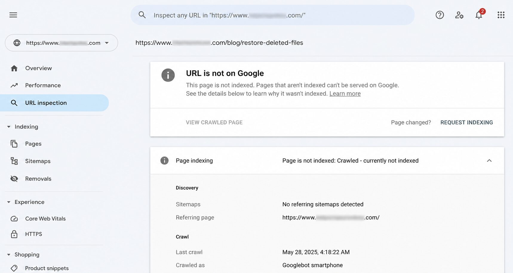 search console showing page deindexed