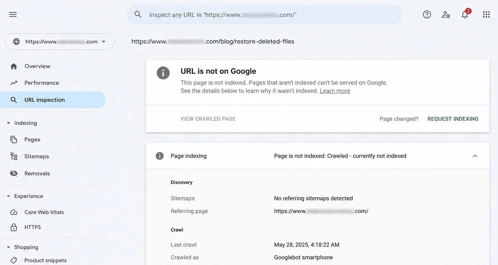search console showing page deindexed