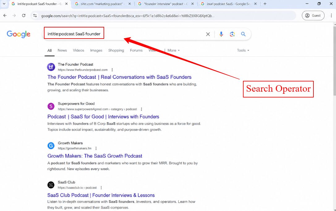 using search operator to find niche podcast sites