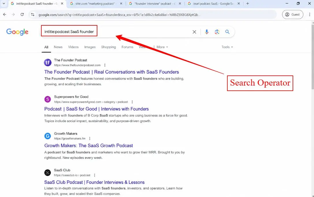 using search operator to find niche podcast sites