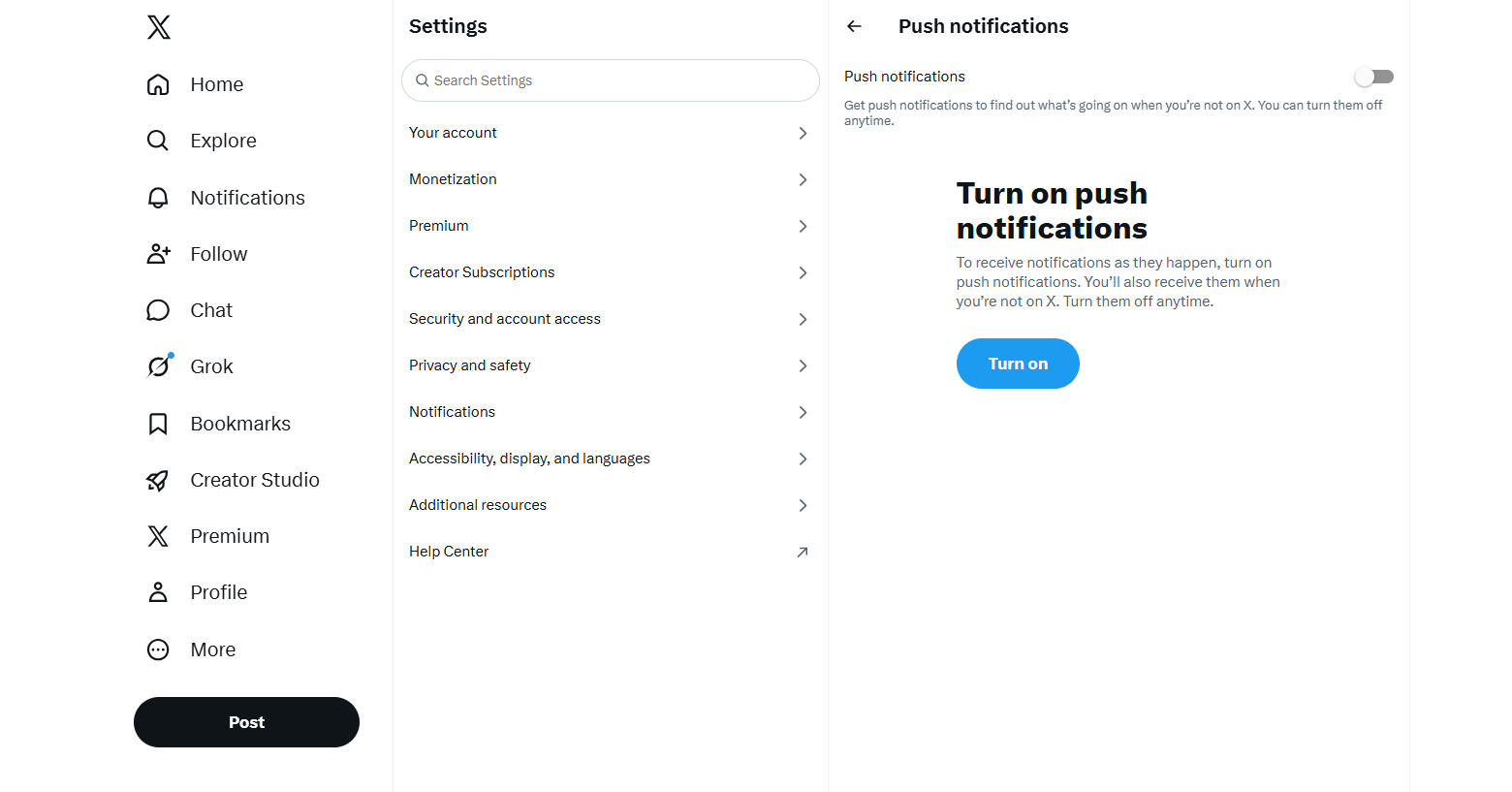 x dashboard showing turn on push notification feature