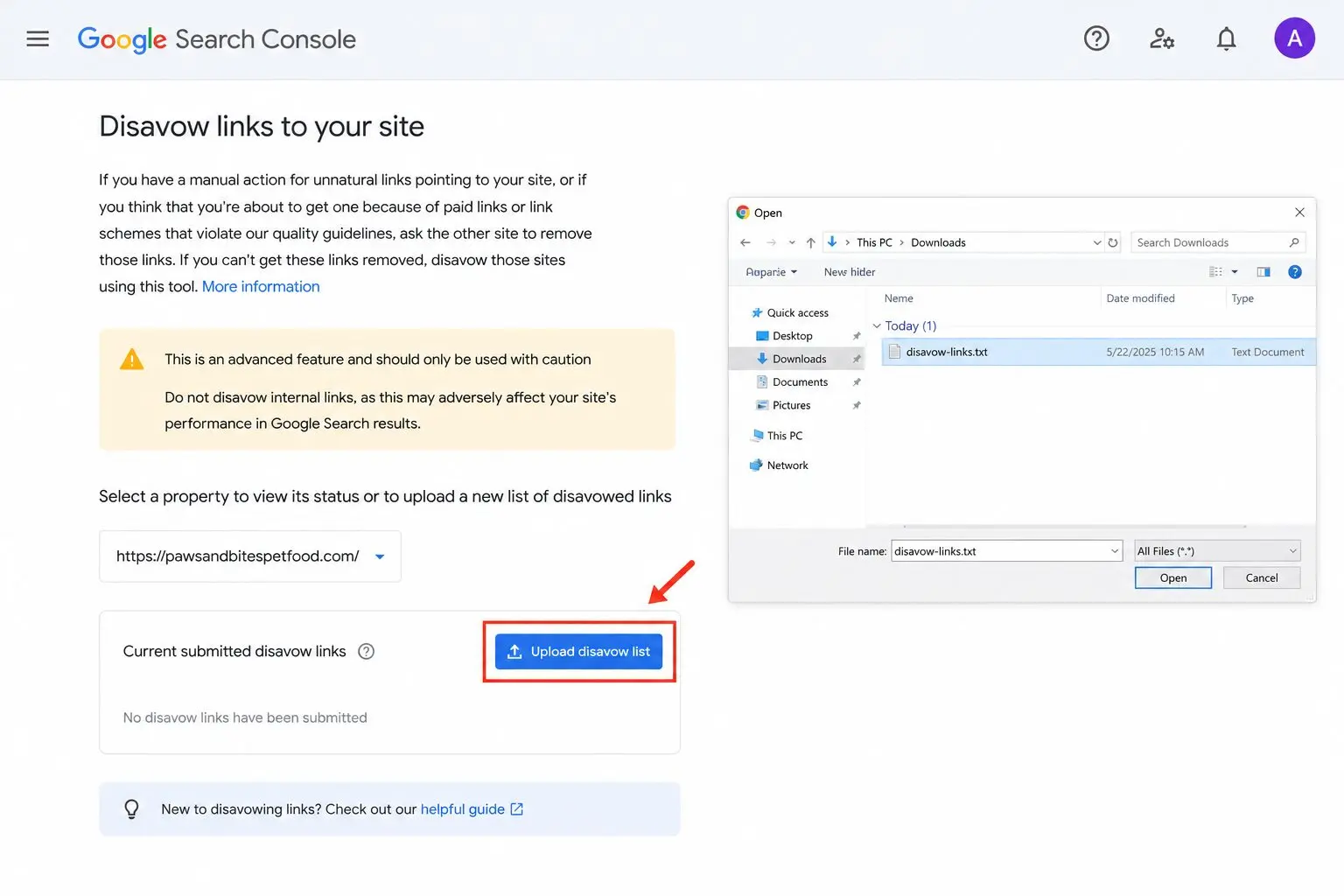 upload txt disavow file