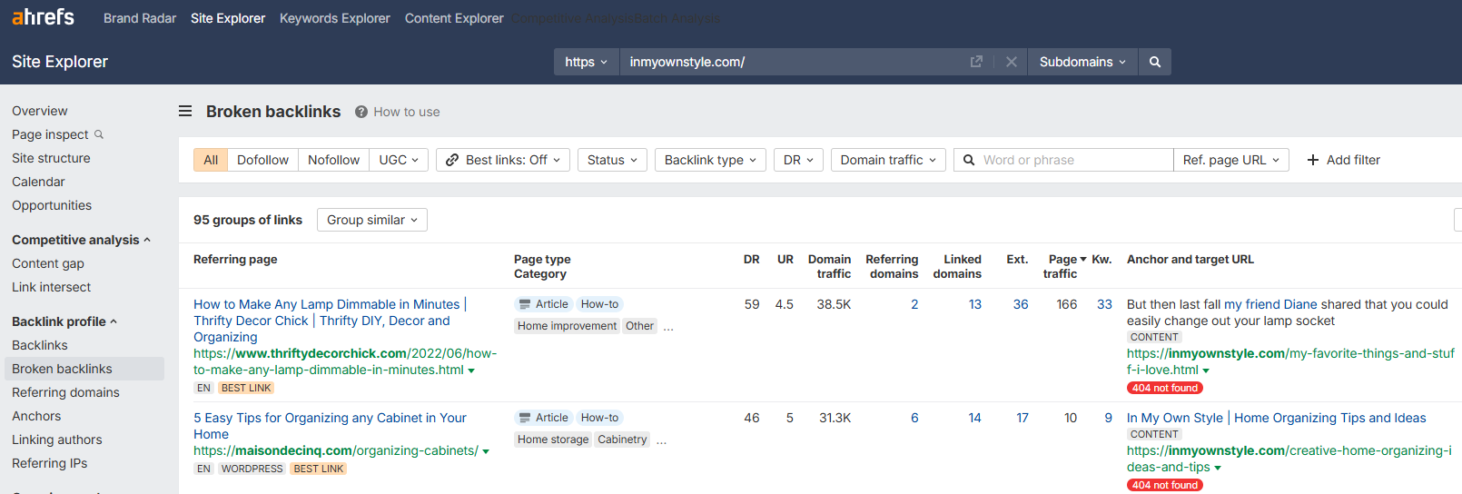 ahrefs broken backlinks report showing 404 pages