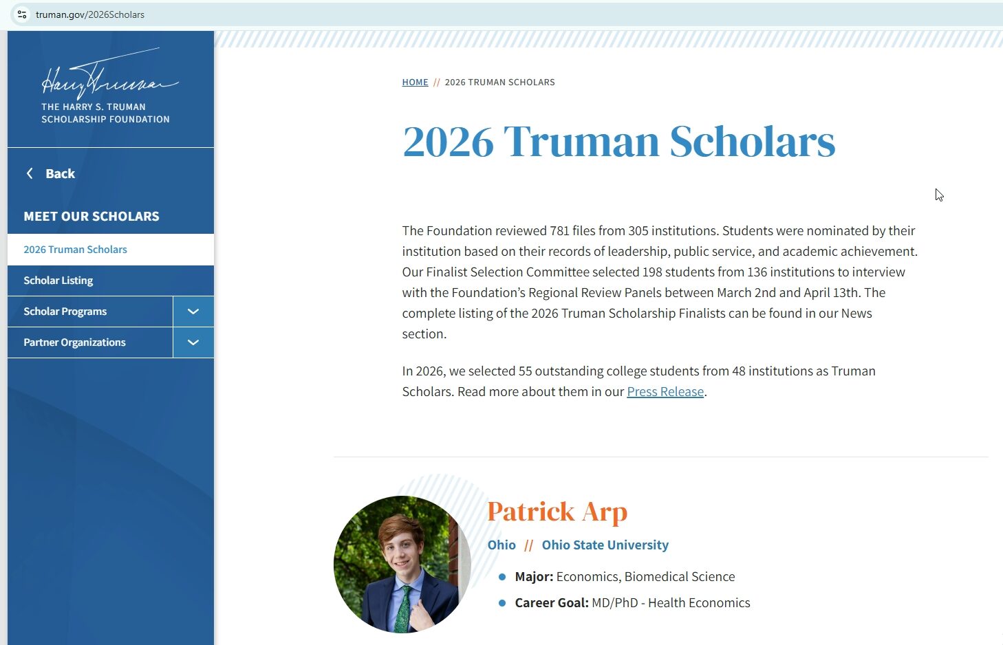 scholarship page announcing winners