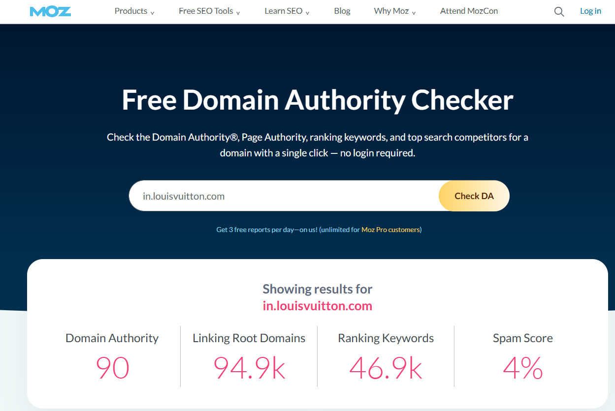 Moz’s domain authority checker showing DA of a website