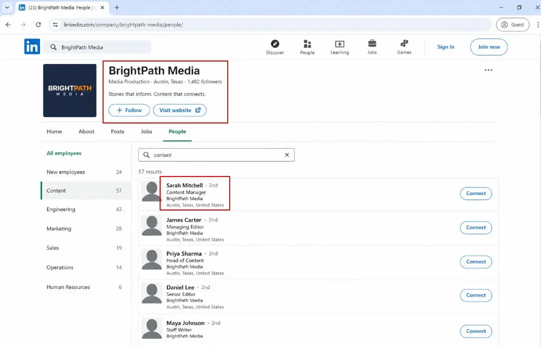 using linkedin to find contact details of right person to pitch