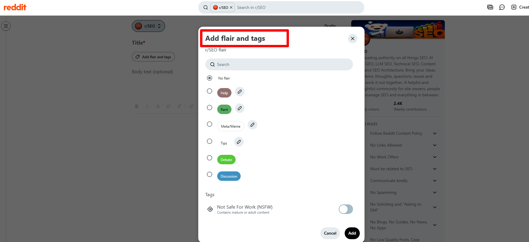Reddit post creation screen showing the “Add flair and tags” menu with available post flair options