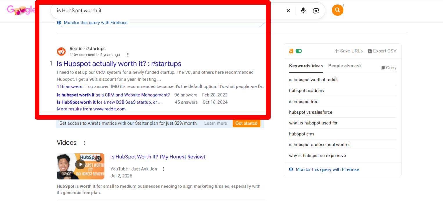 Google search results showing a Reddit discussion about whether HubSpot is worth using, with related Reddit search results highlighted