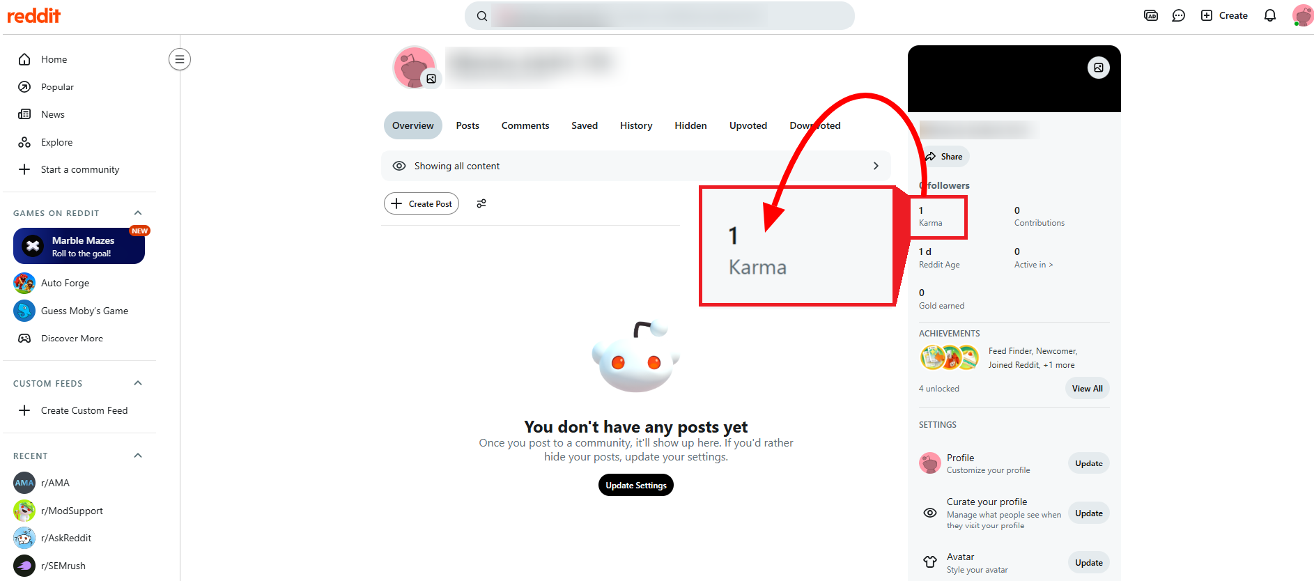 Reddit profile page showing the user’s karma score highlighted in the profile overview