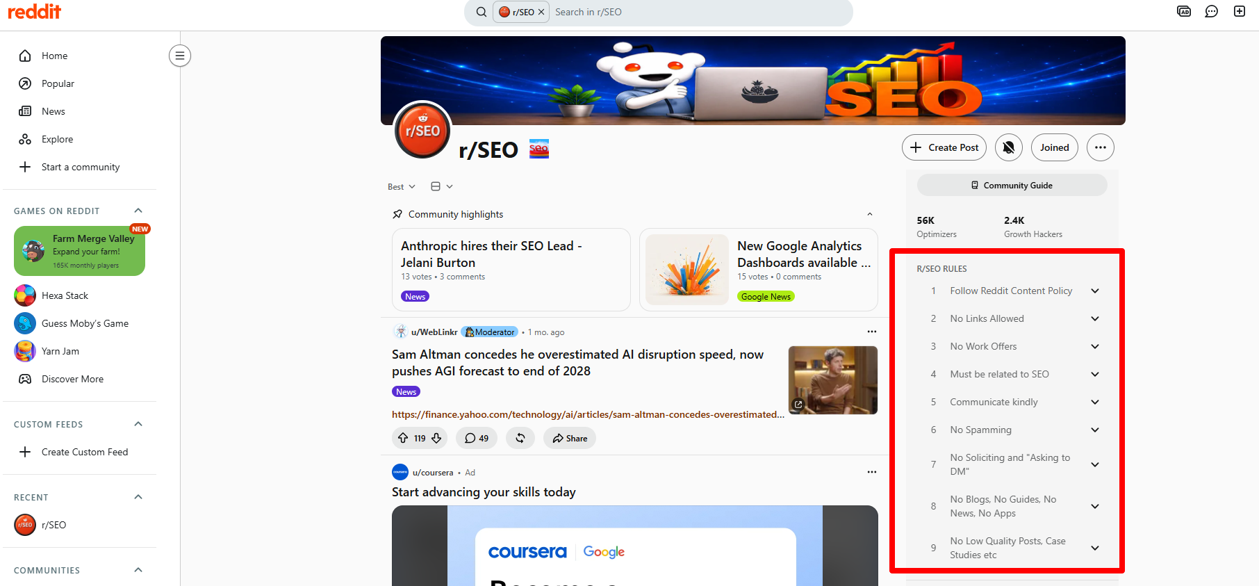 Reddit r/SEO community page with the subreddit rules panel highlighted on the right