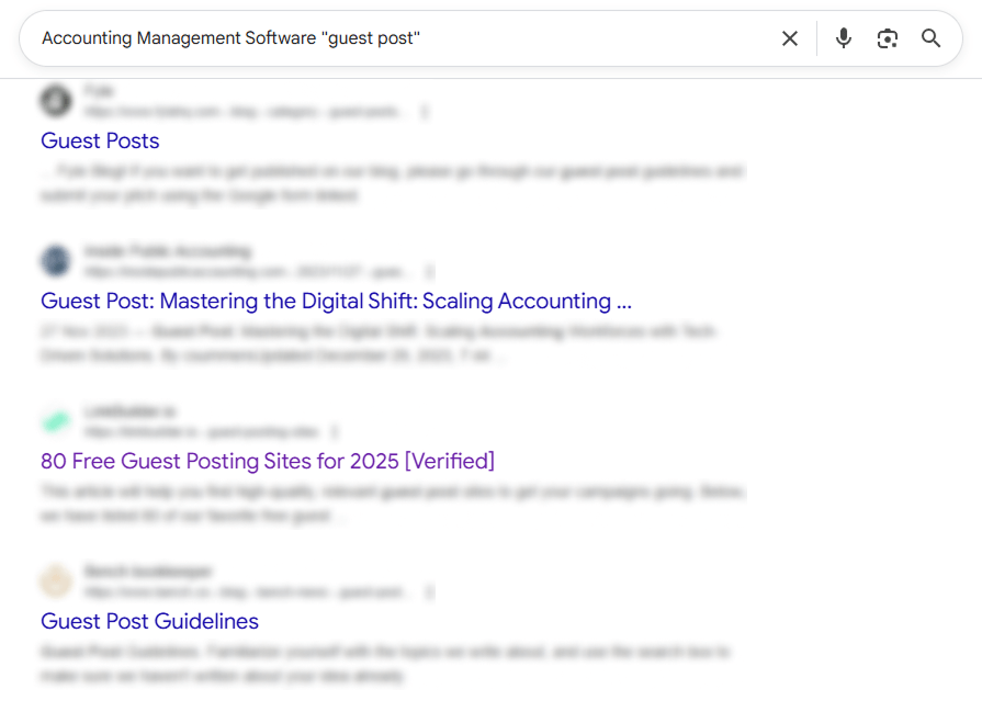 Screenshot of finding guest post articles using a search operator