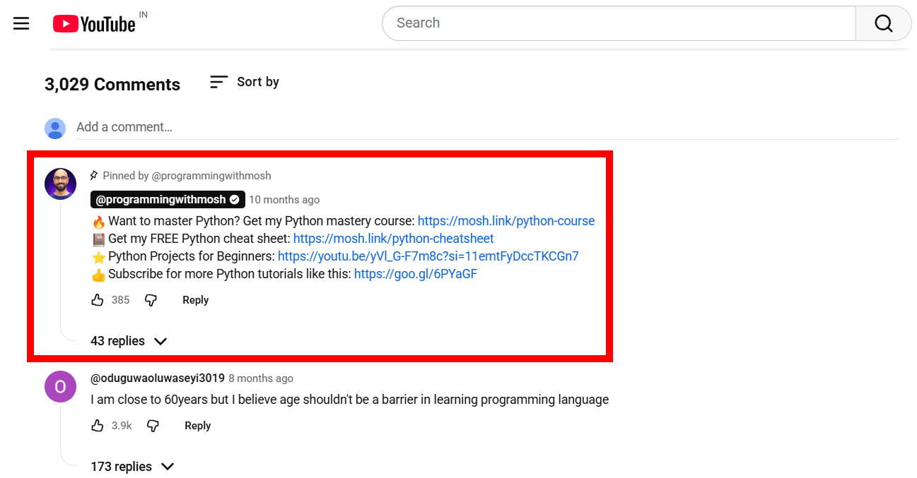 youtube pin comment link screenshot