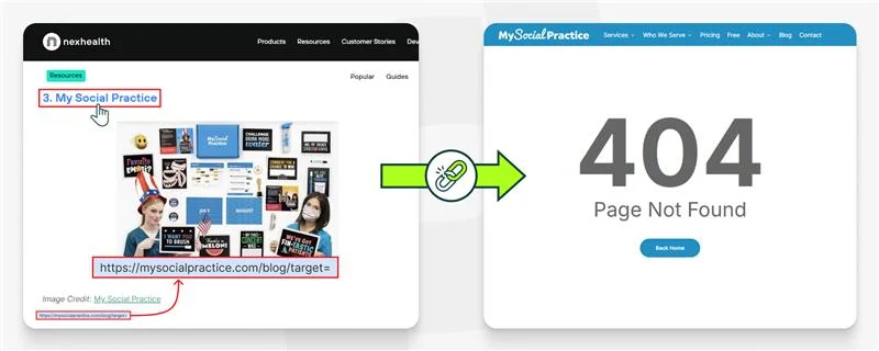 screenshot image showing a page linking to a broken page