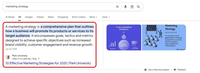 Featured Snippet showing a direct answer at the top of Google search results.