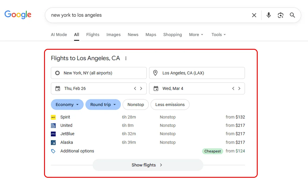 Google Flights result on flight query details