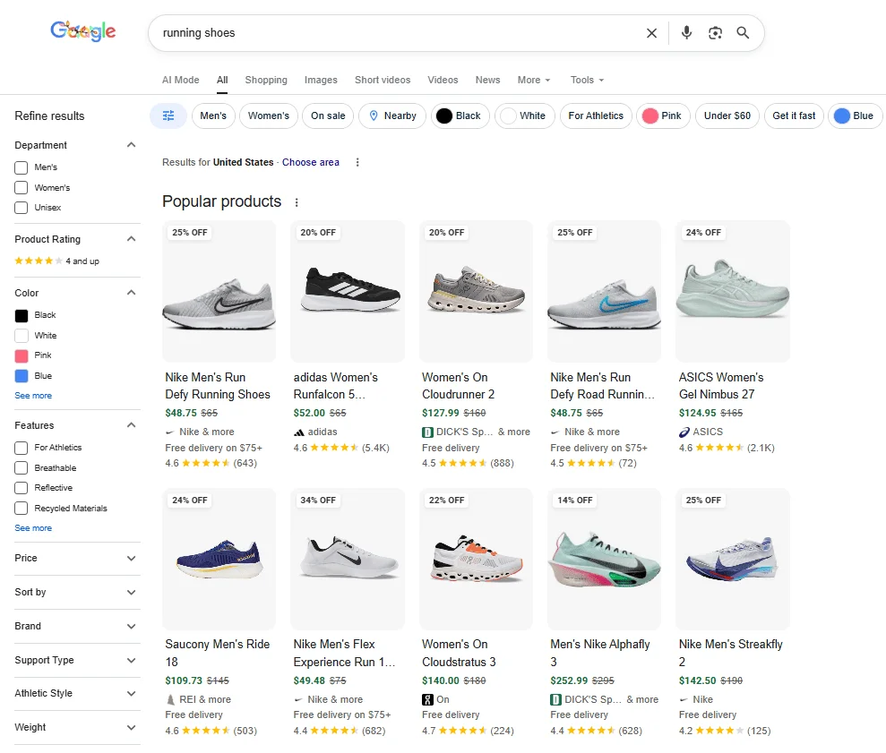 Google Shopping results displayed in the search results