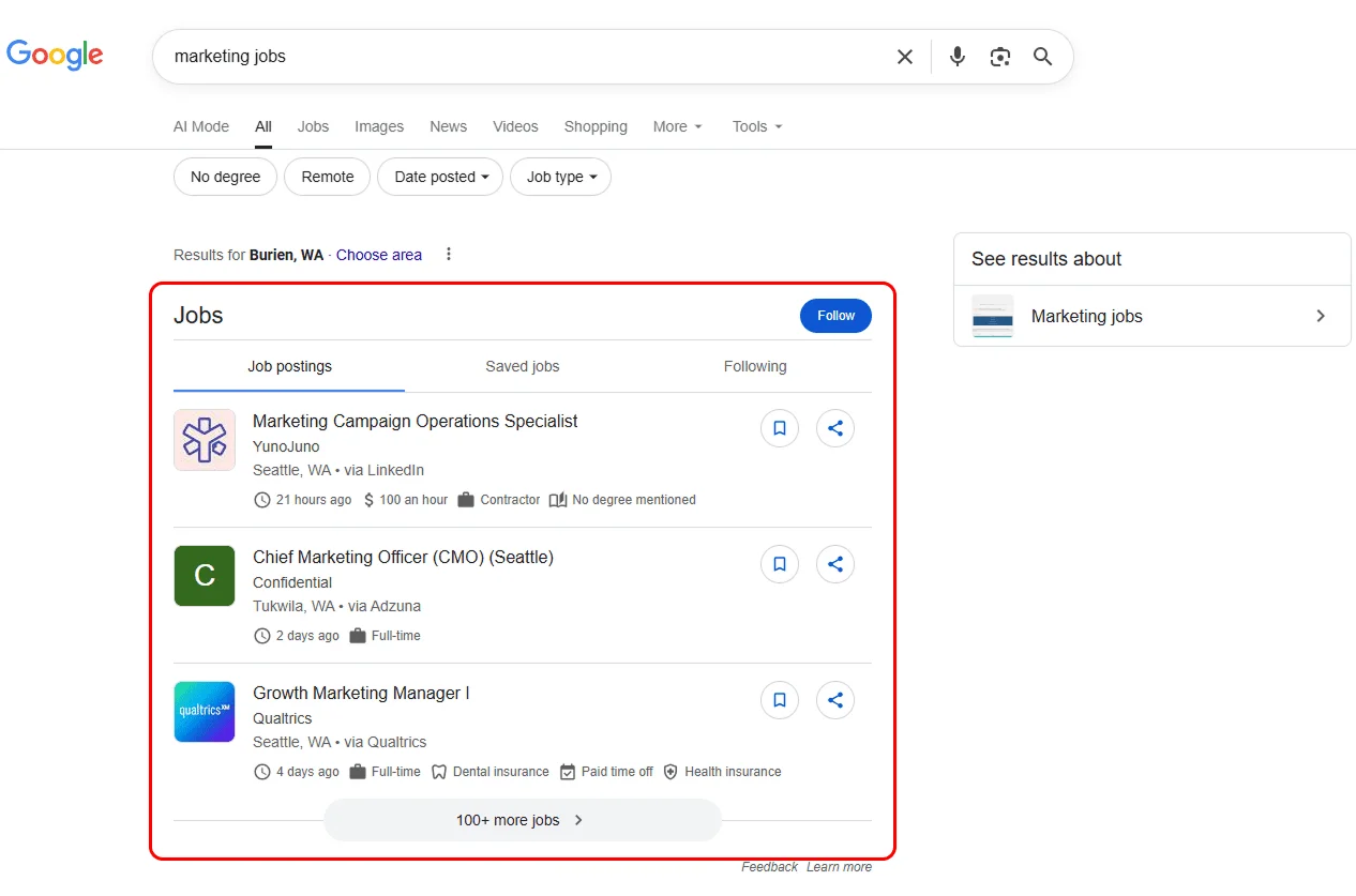 Jobs results page for a job query