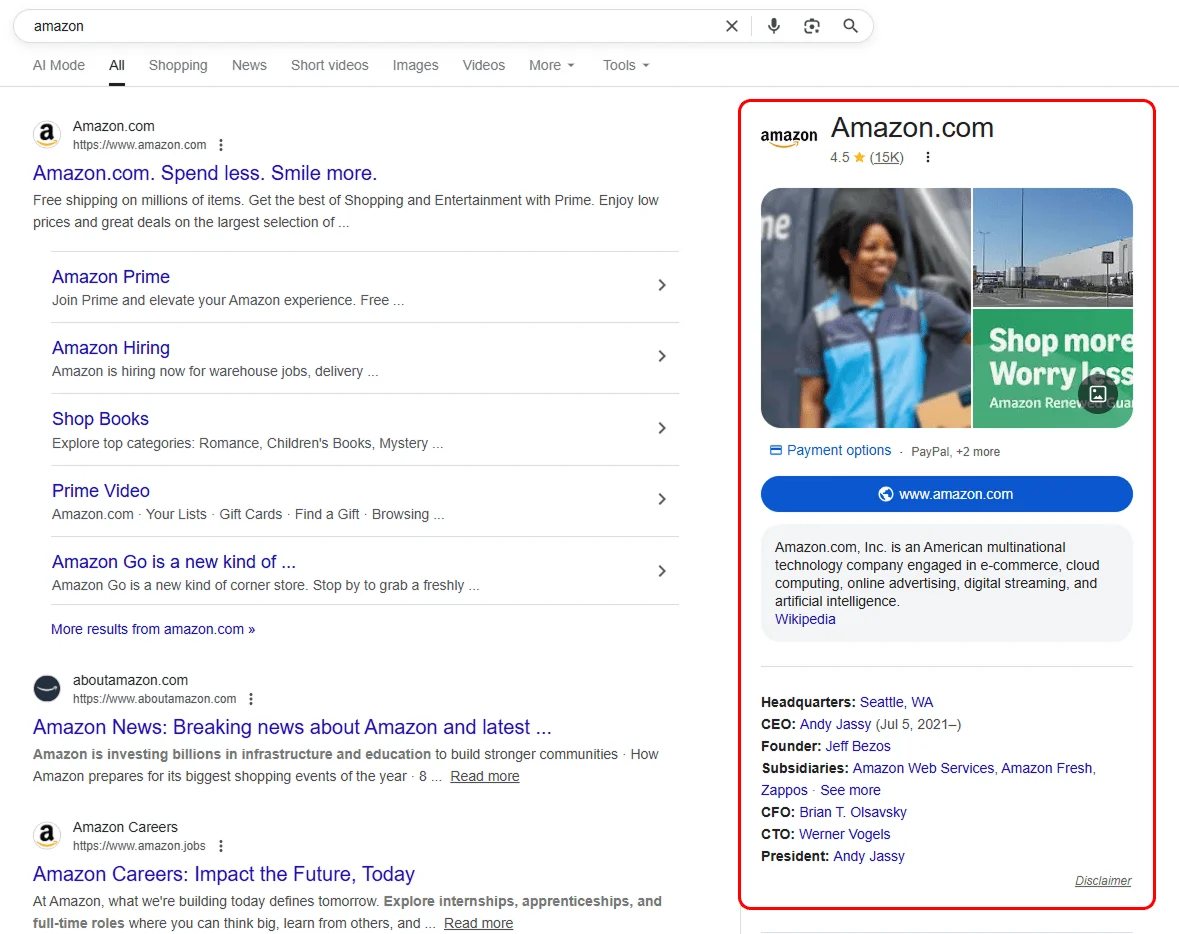 Knowledge Panel showing key information on the right side of Google search results.