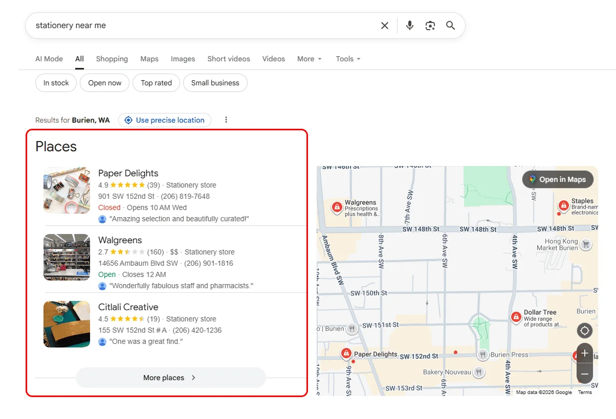 Local Pack showing nearby businesses and a map in Google search results.